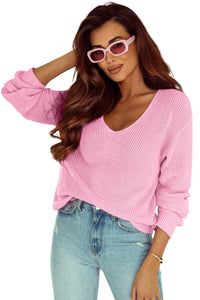 Pink Ribbed Knit V Neck Sweater