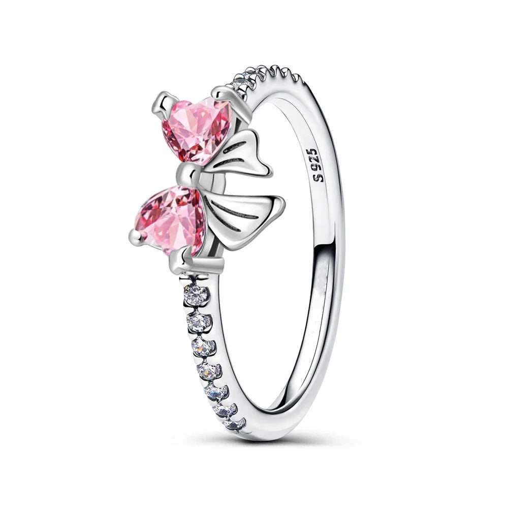 Christmas New 925 Silver Ring Pink Heart Zircon Shining Bow Ring Original   Ring DIY Women Fine Jewelry Christmas Gifts for girl