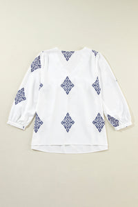 White Boho Geometric Print Bracelet Sleeve V Neck Blouse