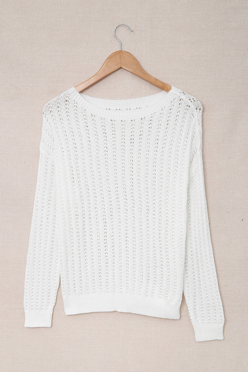 White Hollow-out Drop Shoulder Knitted Sweater