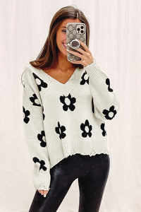 Beige Floret Knitted V Neck Distressed Sweater