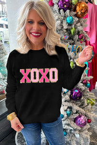 Black XOXO Glitter Print Round Neck Casual Sweater