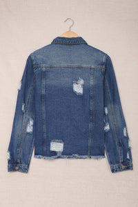 Blank Apparel - Blue Lapel Distressed Raw Hem Buttons Denim Jacket