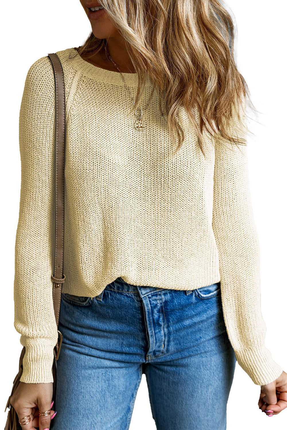 Apricot Raglan Sleeve Crewneck Casual Sweater