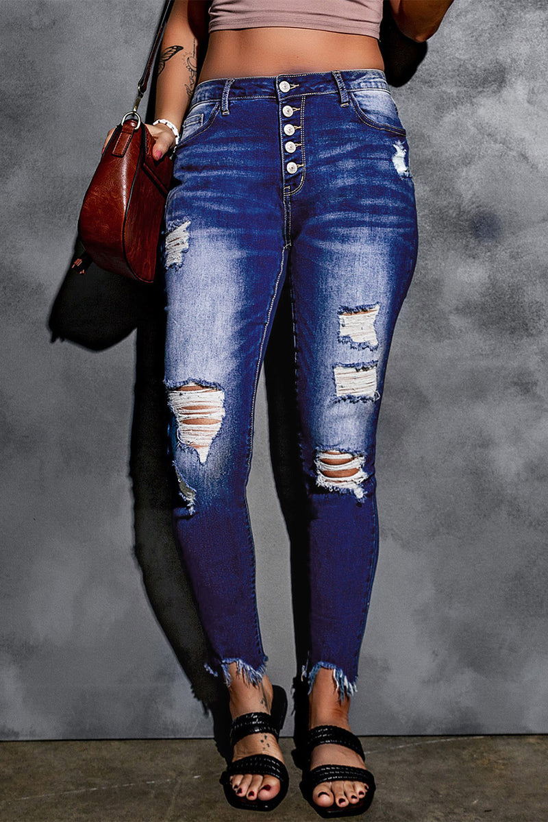 Blue High Rise Button Front Frayed Ankle Skinny Jeans