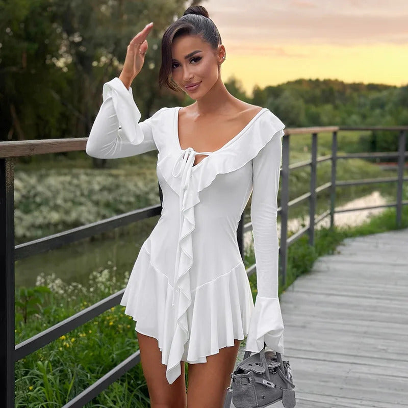 Tossy Ruffled Lace-Up White Mini Dress Women's V-Neck Patchwork Long Sleeve Sexy Slim Dress Bandage Elegant Female Summer Dress