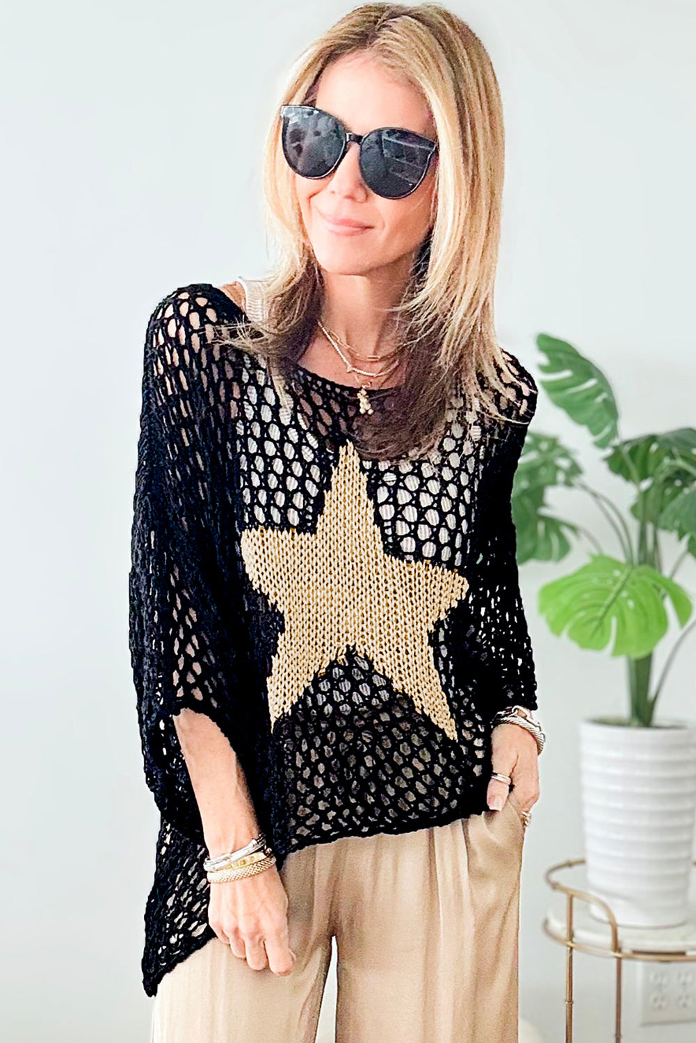 Black Star Graphic Crochet Knitted Summer Sweater Top