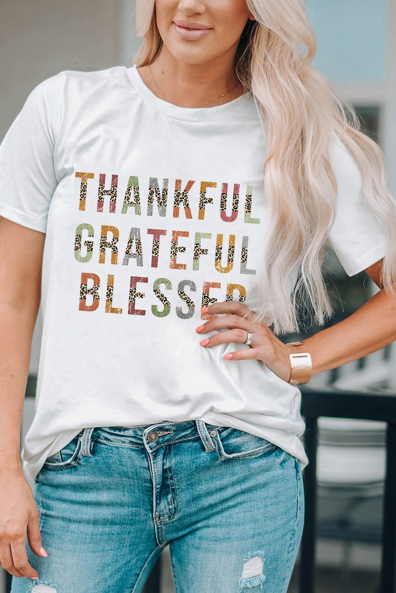 White Leopard Patchwork Thankful Grateful Blessed Graphic T Shirt