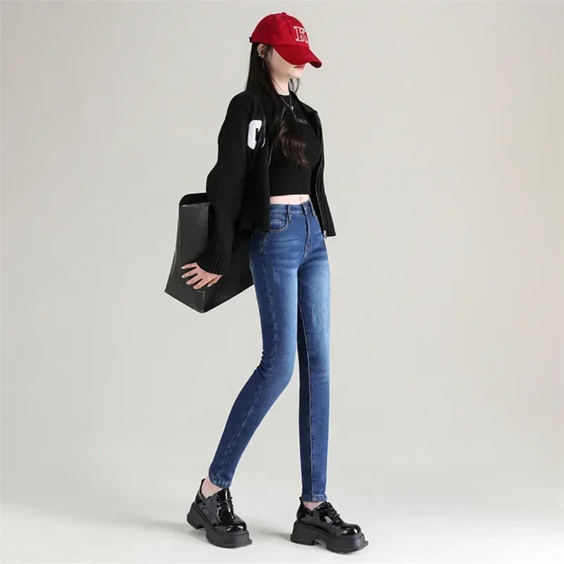 Women Thermal Skinny Jeans Mom Winter Warm Plush Stretch Jeans Lady Fleece Snow Denim Pants Student Pencil Straight Leg Trousers