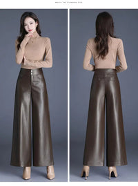 ZUZK High Quality Women PU Leather Wed Leg Pants  Autumn Winter Fashion Warm Long Leather Pants Elegant LeatherTrousers