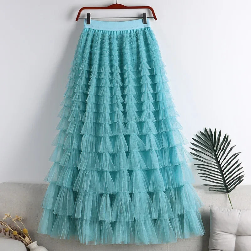 Medium-length Wire Mesh Spliced Cake Skirt 2023 Spring Summer Autumn/winter New Style A- line Long Dress Puffy Dress