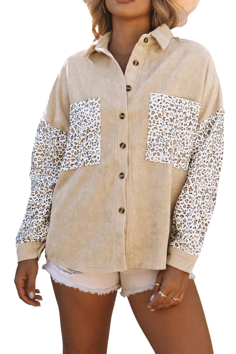 Leopard Patchwork Corduroy Buttoned Shirt Jacket