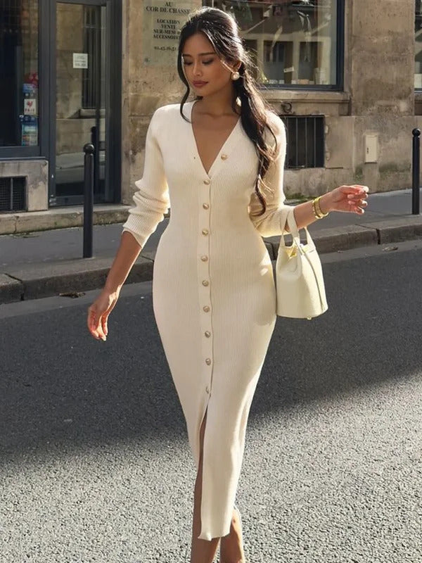 Trendix Elegant Evening Dress Women V Neck Long Sleeve Patchwork Button Slit Sweater Dresses 2024 Autumn Winter Knit Maxi Dress