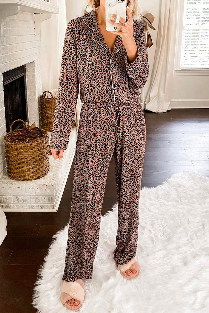 Leopard Long Sleeve Lapel Neck Shirt and Pants Lounge Set