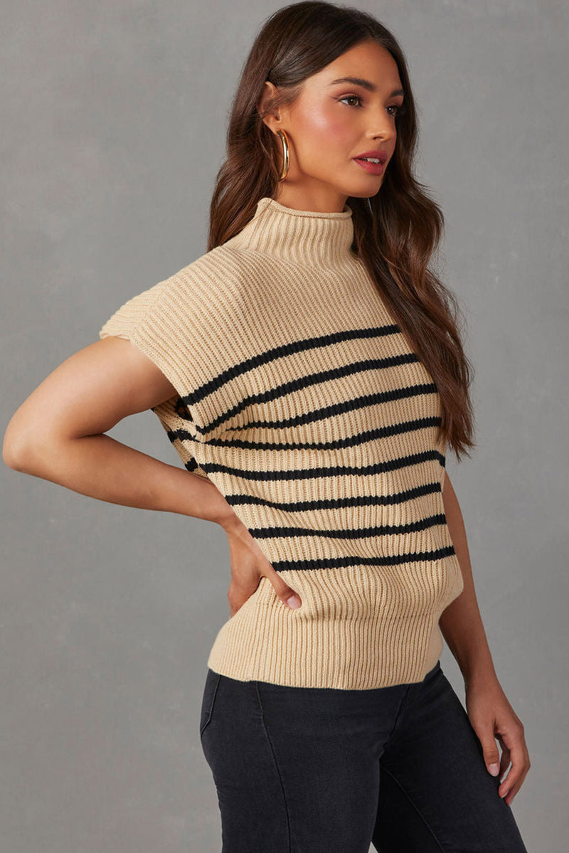 Parchment Striped Ribbed Knit High Neck Sweater