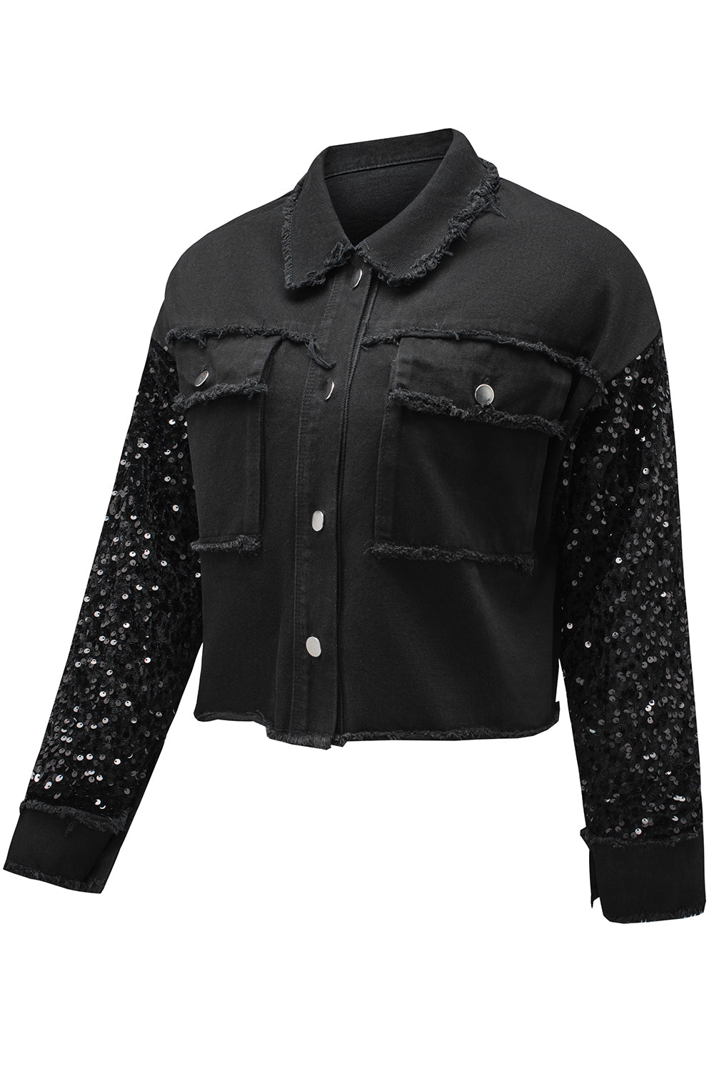 Black Sequin Sleeve Pocketed Raw Hem Denim Jacket