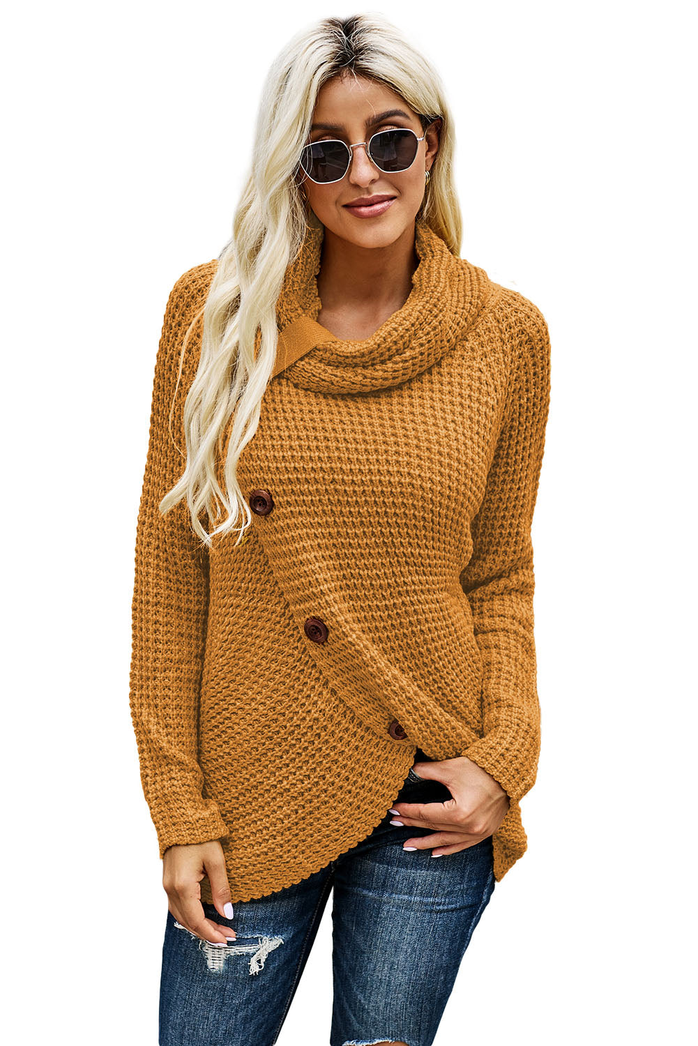 Mustard Buttoned Wrap Turtleneck Sweater