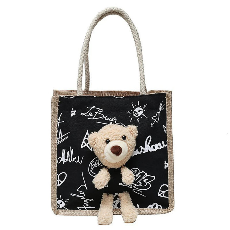 Cute Bear Tote Bag Canvas Girls Bag Student Coin Purse Gift Bag Simple Fashion Canvas Bag Canvas Bag Hand Shopping Tote Bag-ll