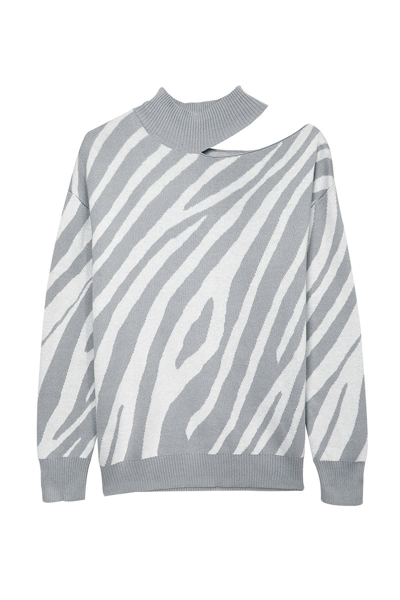 Gray Zebra Print Mock Neck Cold Shoulder Sweater