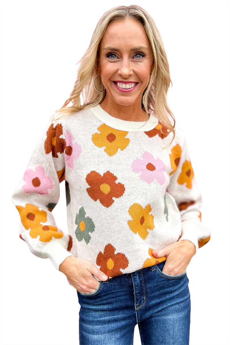 Pink Sweet Flower Knitted Ribbed Hem Sweater