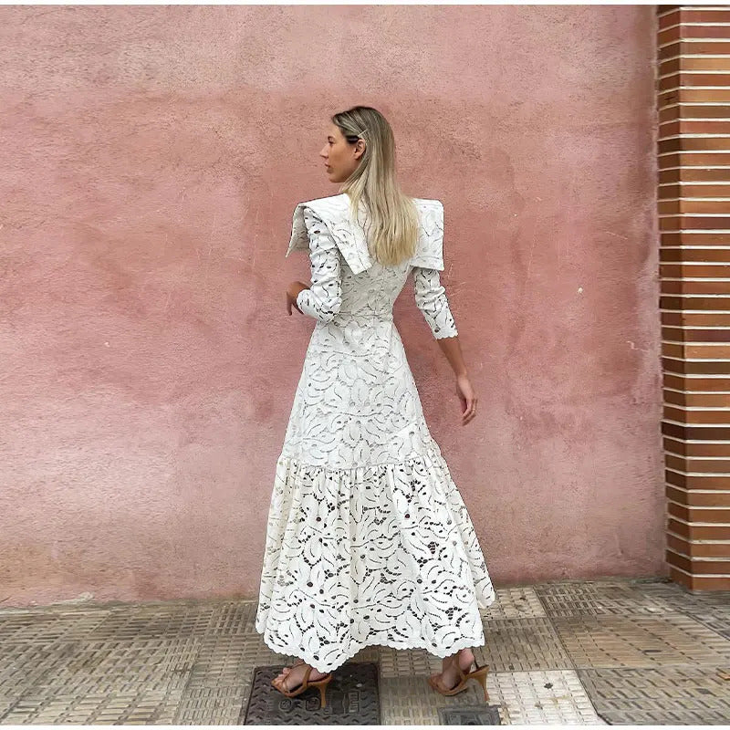 Elegant Hollow Out  Lace Maxi White Dress Women's Fashion Mock Neck Long Sleeved Shoulder Padded Robe 2024 Evening Females Wear