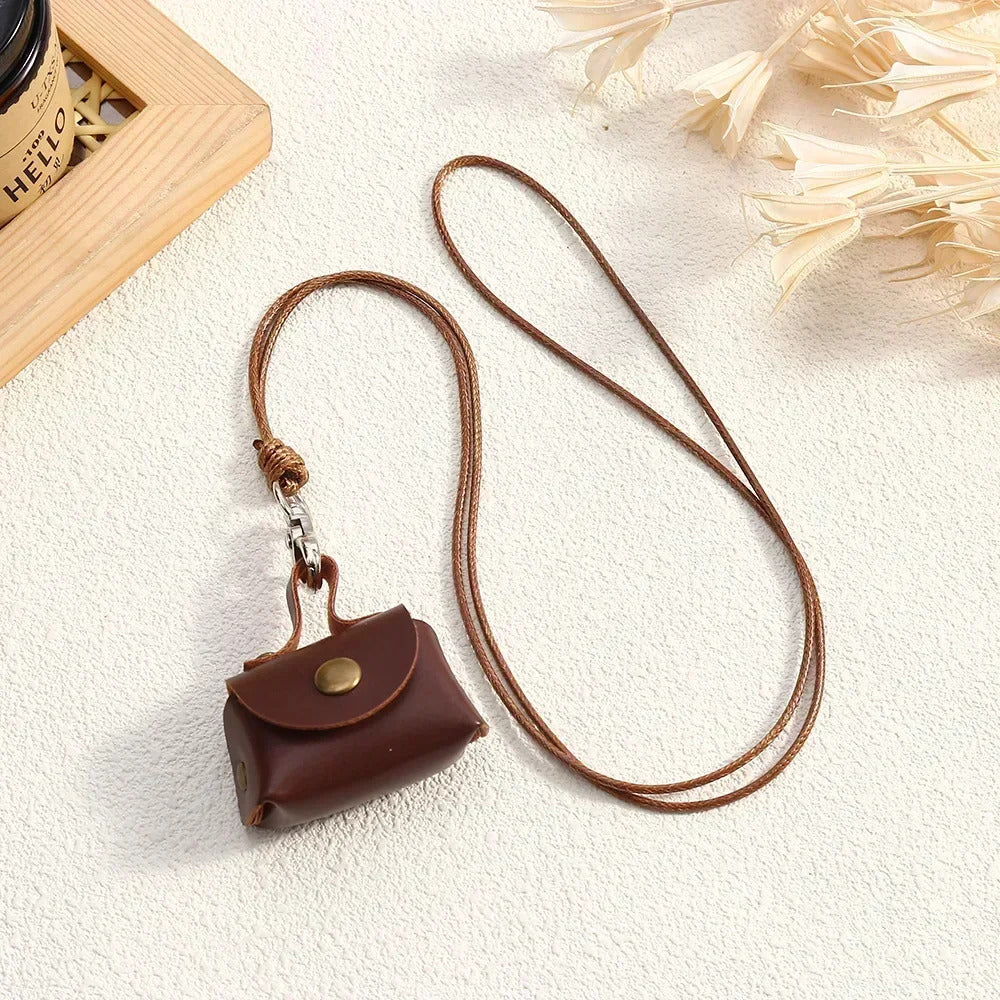 LATS Retro Cute Small Leather Bag Long Necklace for Women Fashion Sweater Chain Neck Hanging Jewelry Versatile Accessory Gift