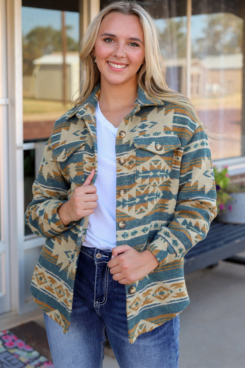 Blue Western Aztec Print Button Flap Pocket Shacket