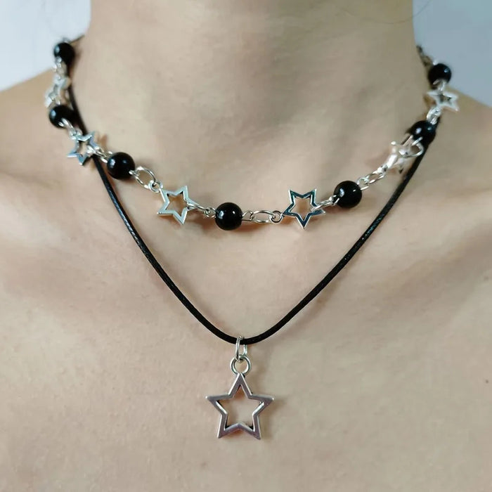 Fashion Double Layered Black Bead Star Choker Necklace Punk Pentagram Leather Rope Necklaces For Women Girls