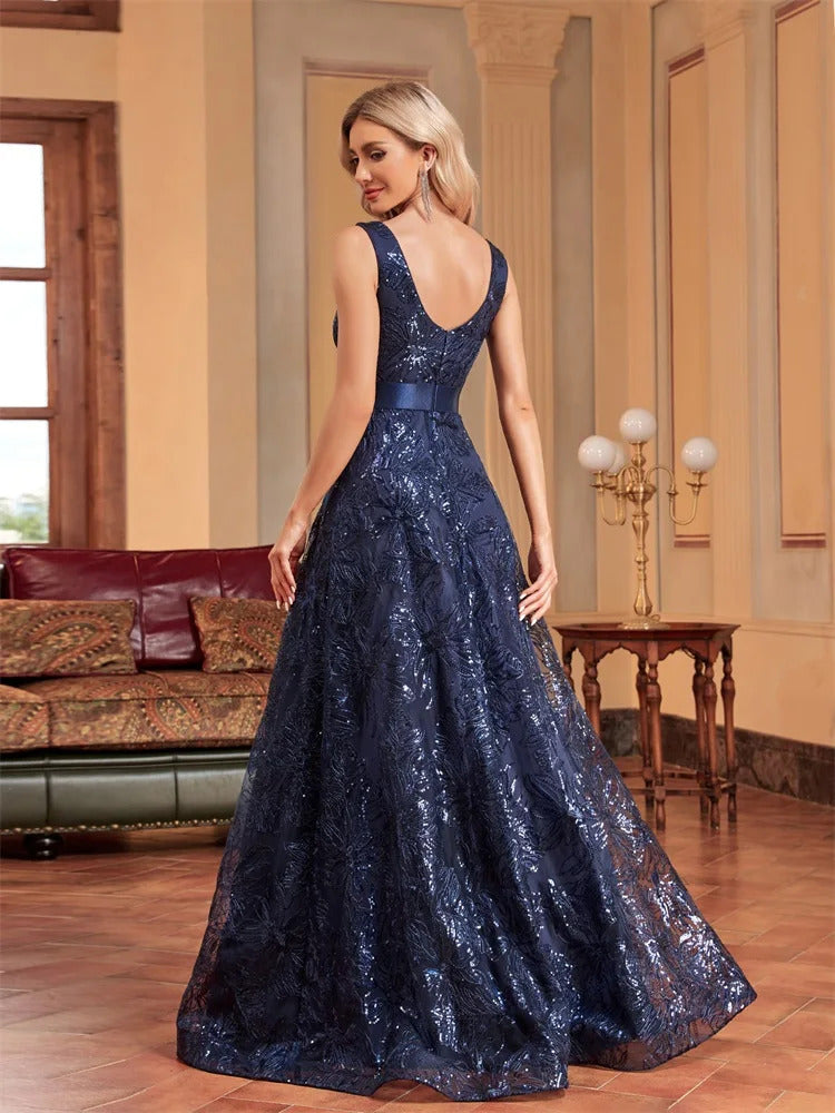 Lucyinlove Luxury Sexy Deep V-Neck Sequins Blue Evening Dresses Women Elegant V-back Wedding Party Long Prom Cocktail Dress