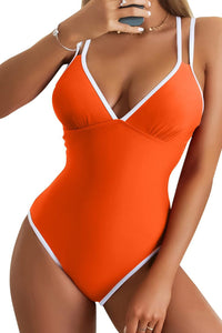 Orange Color Block Criss Cross V Neck One Piece Swimsuit