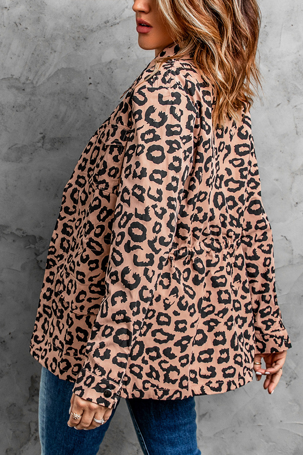 Brown Lapel Collar Zipper Drawstring Leopard Coat