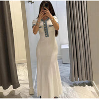 Women's Metal Single Breasted Knitted Maxi Dress V-neck Pleated Wrapped Hip Bodycon Dresses 2024 Elegant High Street White Robes