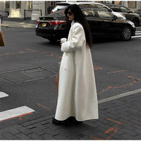 Fashion Oversize Lapel Extra Long Woolen Overcoat Women's Double Breasted Solid Cropped Overgarment 2024 Lady Commute Streetwear