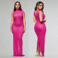 CM.YAYA 2024 Fall Diamonds Hot Rhinestones O-neck Women Sleeveless Bodycon Long Dress Birthday Party Evening Prom Maxi Dresses