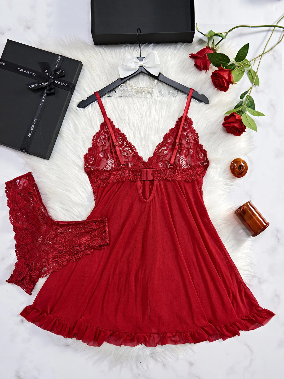 Red Sling Transparent Sexy Lingerie Women's Underwear See-through Sleepwear Lace Nightdress And Panty Pijamas Sets Female Santa