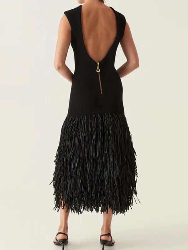 2024 Fashion Splicing Tassels Hem Knitted Dress For Women Chic O-neck Sleeveless Backless Slim Fit Robe New Ladies Party Vestido