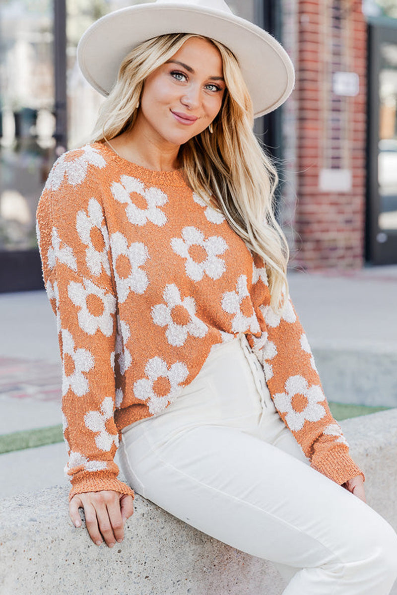 Grapefruit Orange Fuzzy Floral Knitted Drop Shoulder Sweater