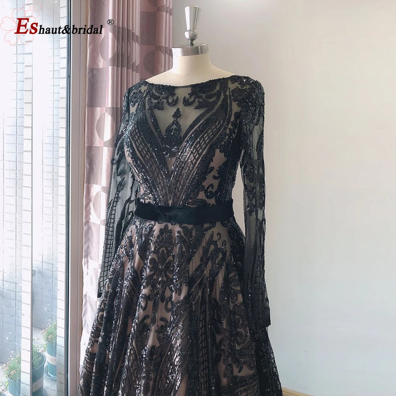 Dubai A-Line Luxury Wedding Evening Dress for Women Muslim 2024 Long Sleeves Sequin Plus Size Formal Prom Party Gown Customized