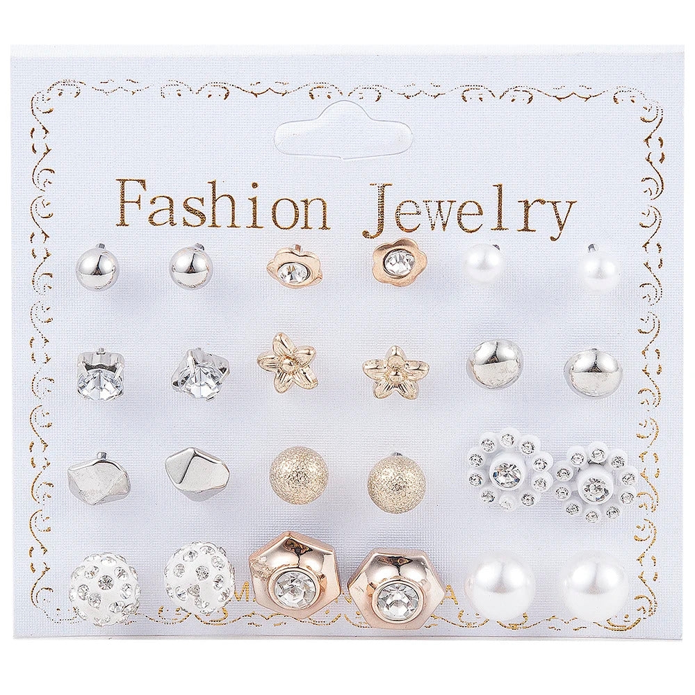 2020 NEW 12~36 Pairs Fashion Women Girls Resin Plastic Crystal Diamante Flower Stud Earrings Set Random Style Gold Color Jewelry