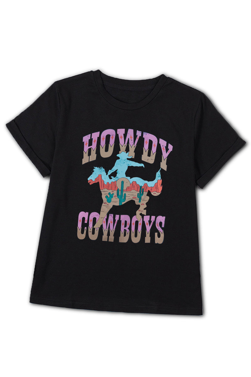 Black HOWDY COWBOYS Western Fashion Graphic Tee