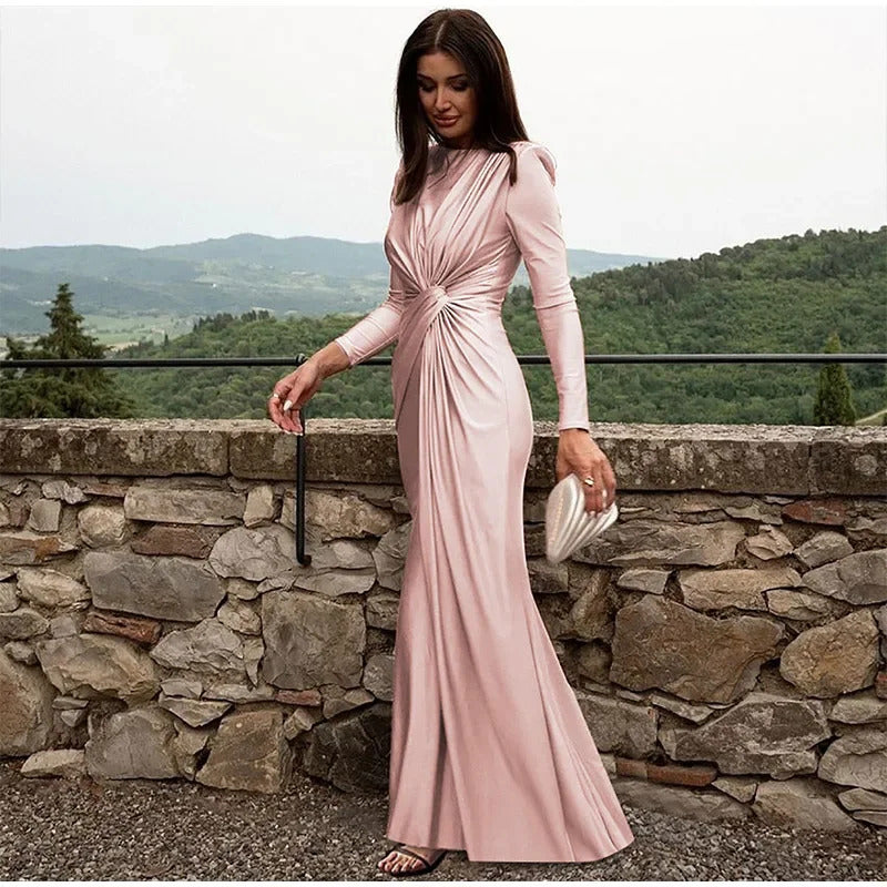 Burgundy  Sexy Pleated Lace Up Long Dress Lady Fashion Round Neck Slim Fit Long Sleeved Evening Gown 2024 New Chic Outfits