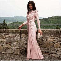 Burgundy  Sexy Pleated Lace Up Long Dress Lady Fashion Round Neck Slim Fit Long Sleeved Evening Gown 2024 New Chic Outfits