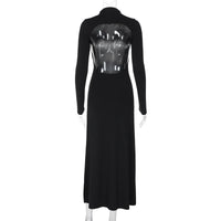 Women Black Solid Casual High Slit Long Sleeve Backless Maxi Dress Sexy Bodycon Half High Neck Streetwear Female Long Dresses