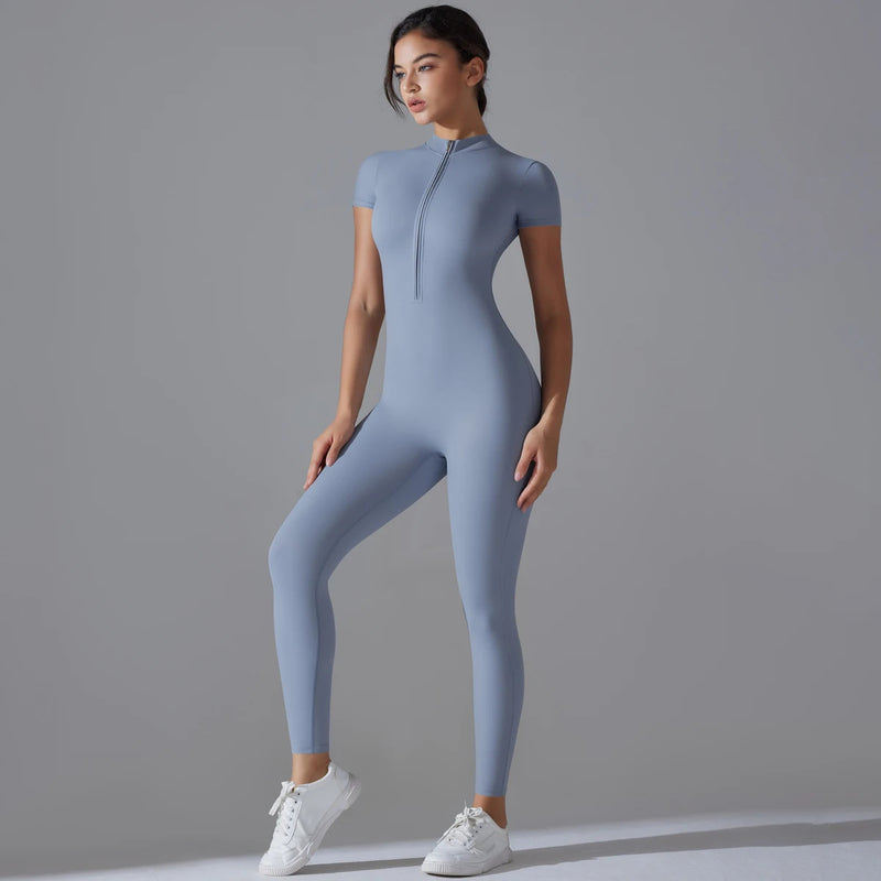 Yoga Set Women's Jumpsuits One-Piece Suit Zipper Short Sleeve Gym Push Up Workout Clothes Fitness Bodysuit Sportswear Tracksuit