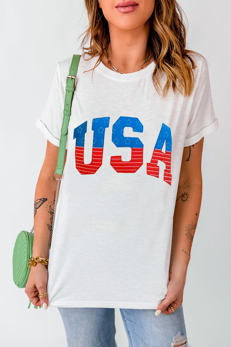 White USA Star and Striped Embroidered Crewneck Graphic Tee