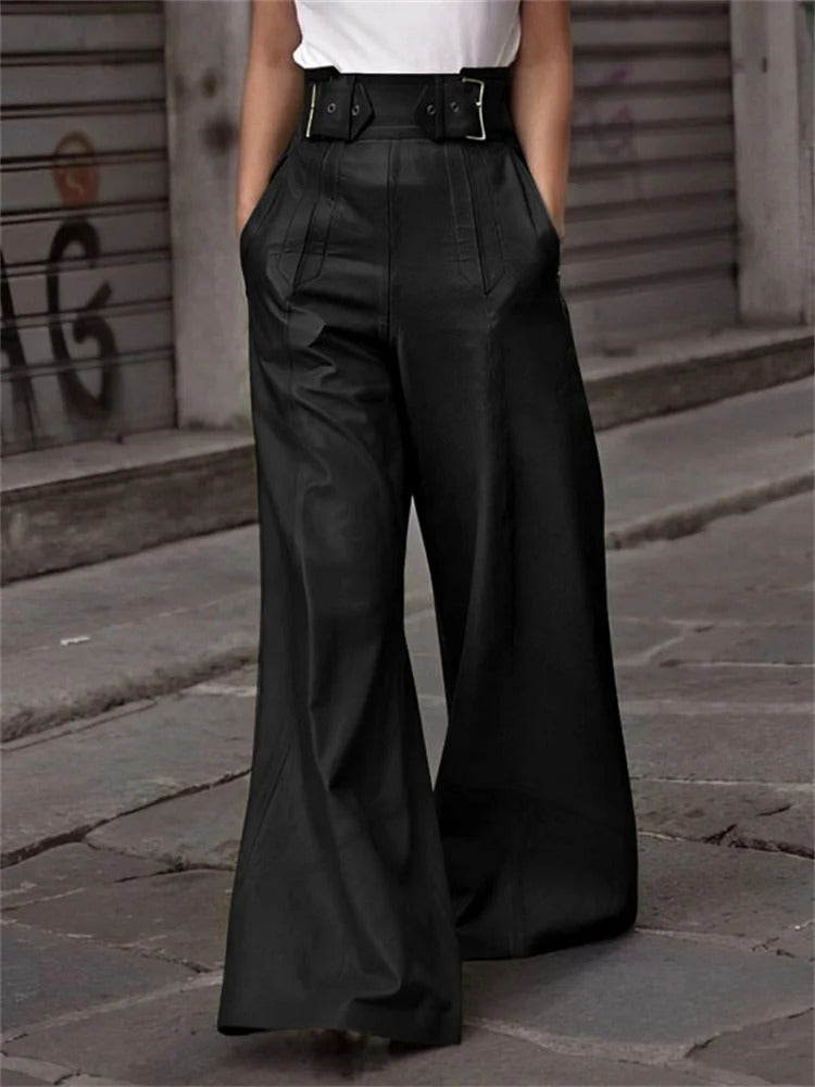 Modigirl Autumn Winter Women's Faux Pu Long Pants 2024 High Waisted Loose Pleated Pockets Streetwear Female Wide Leg Trousers