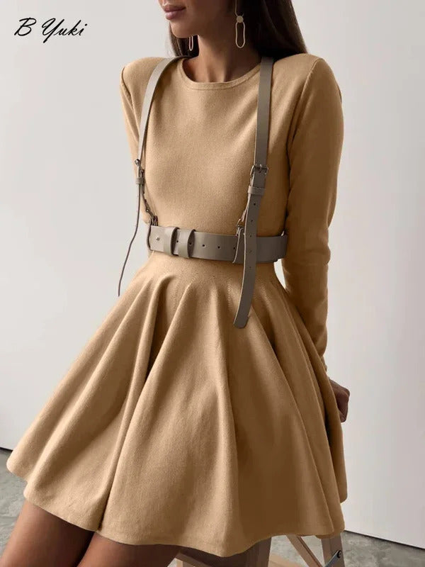 Blessyuki Elegant Solid Knit Dress Women Autumn Winter Casual Long Sleeve A-line Evening Dresses Female Korean Sexy Mini Dress