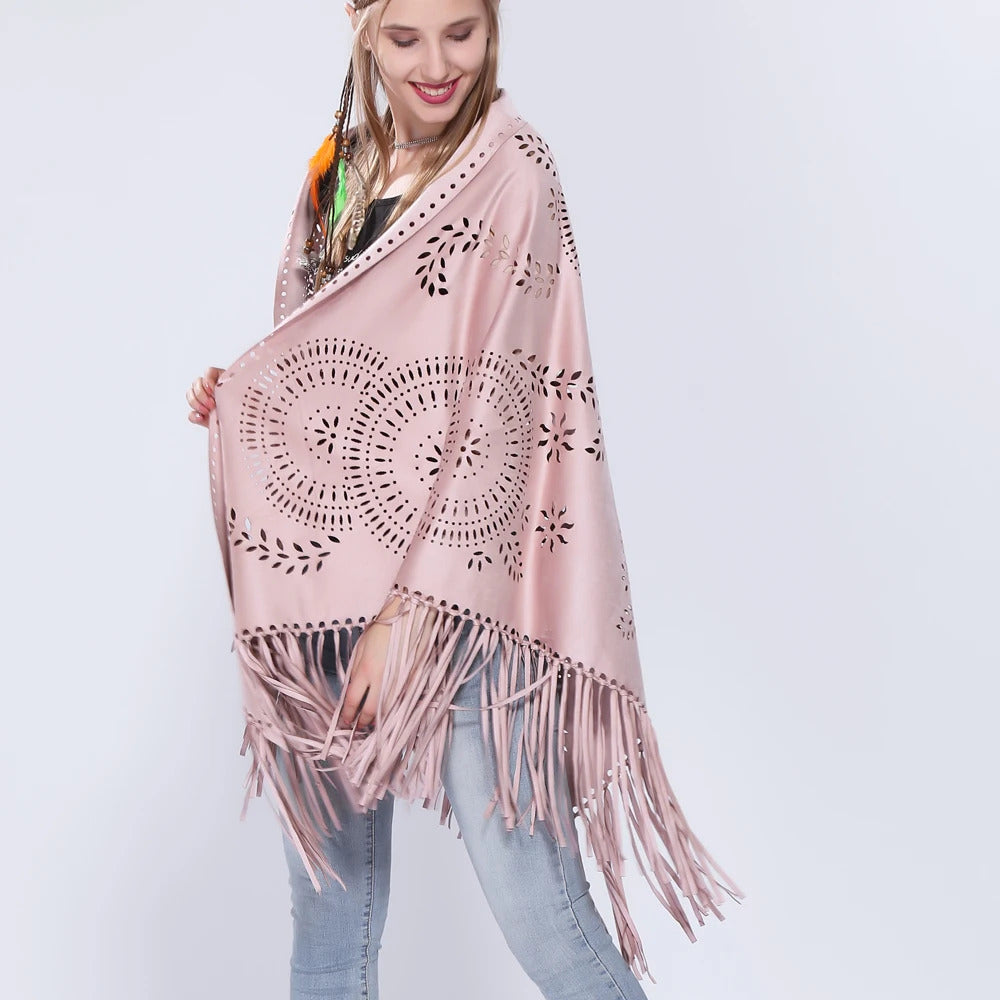 Women's Loose Suede Fringe Open Poncho Cloak Shawl Wrap with Punch Hole Patterns and Graceful Fringes Dropshipping