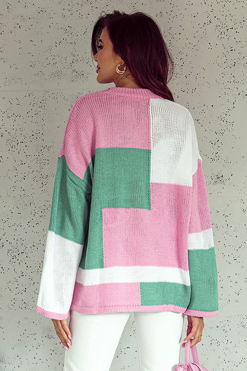 Pink Colorblock Drop Shoulder Bell Sleeve Sweater