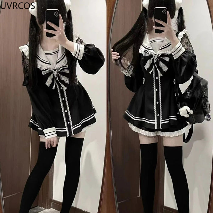 Japanese Style Gothic Y2k Lolita Bow Dress Shorts Set Women Vintage Sweet Long Sleeve Button Shirt Party Dresses Slim Mini Dress